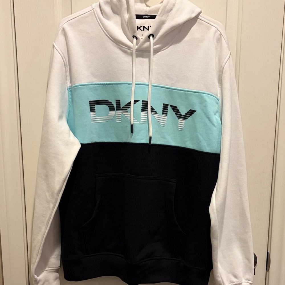 DKNY Men's Hoodie - White, Light Blue, and Black
